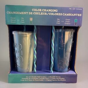 Parker Lane Color Changing Cold Cups Wall Tumbler w/Straws Blues Good Vibes NEW